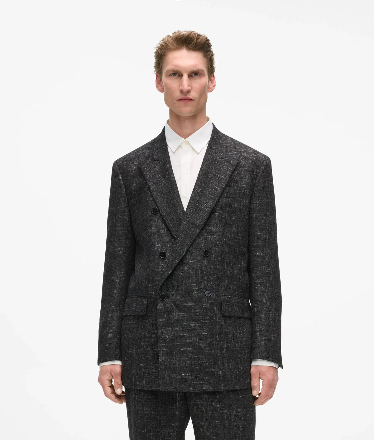 Double-breasted textured suit jacket