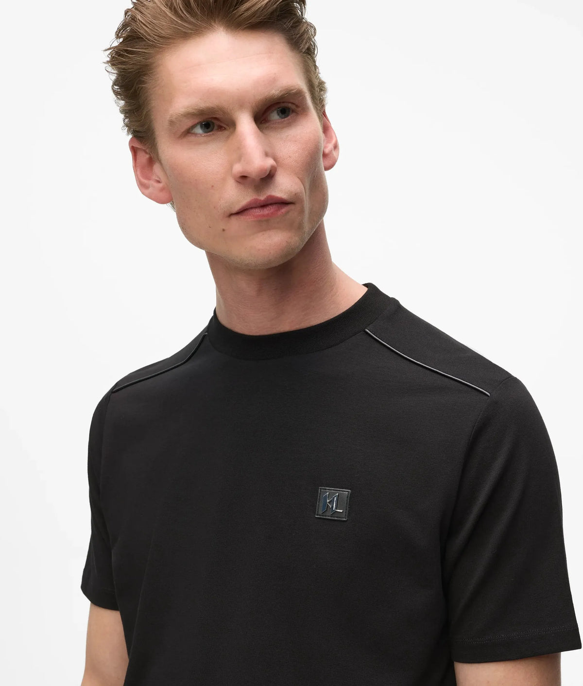 Faux-leather piping T-shirt